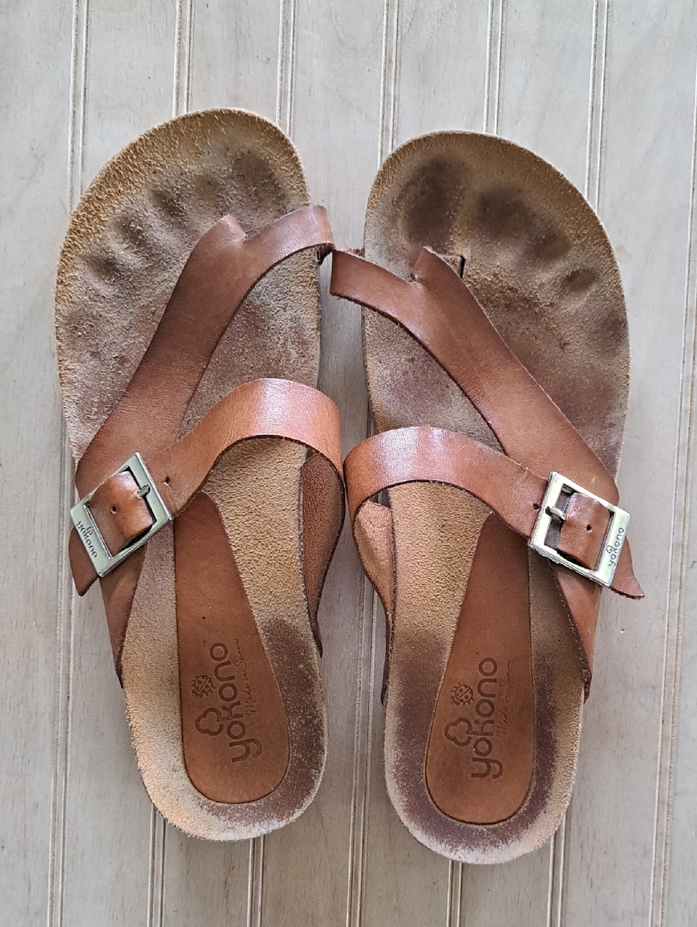 Yokono Ibiza Leather Cross Strap Sandals Brown Buckle Comfort Footbed Barefoot